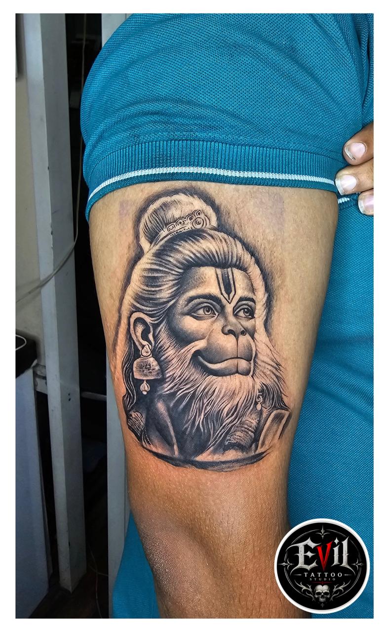 Hanuman Portrait Thigh Tattoo